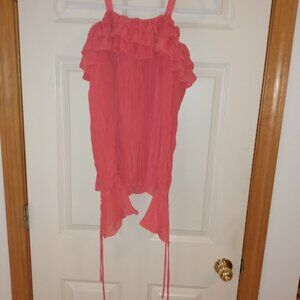 Katelyn Max: semi sheer ruffle crinkle bell-sleeve orange blouse. Side zip.